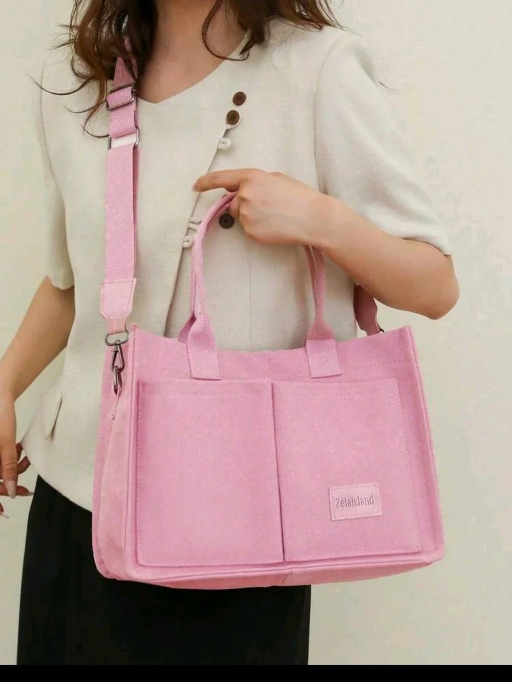 Pink Canvas Tote Bag Versatile Stripes Hobo Shoulder Bag, MultiCompartments